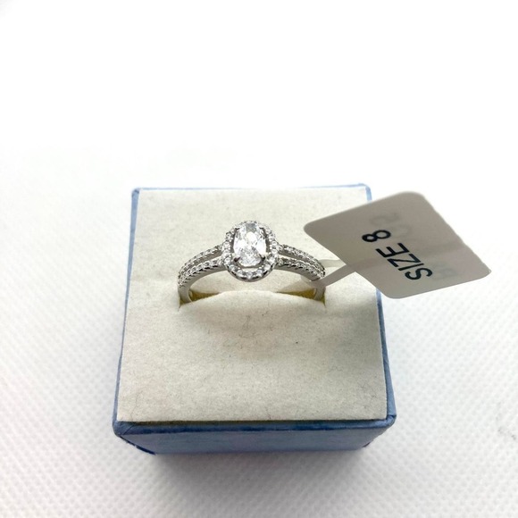 Size 8 925 Split Shank CZ Oval Cut Halo Ring - Picture 2 of 12